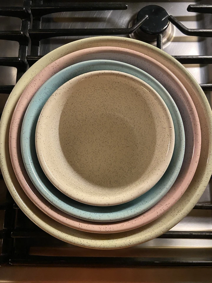 Tigelas de mistura raras vintage MCM 1940s Bauer Monterey modernas de cerâmica salpicada - Imagem 1 de 4