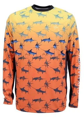 Guy Harvey Pro Shirt Mens Size S Marlin UVX Long Sleeve Bimini Blast Orange Blue - Image 1 of 4