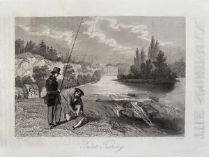 Estampado antiguo 1842; pesca de truchas después de G. Cook - Imagen 1 de 2