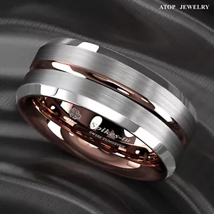 8/6mm ATOP Tungsten Carbide Ring Silver Stripe Comfit Wedding Band Men Women - Picture 1 of 13