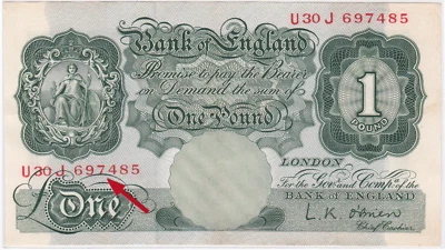 Mazuma *F1426 Bank Of England 1955 One Pound U30J 697485 Super Almost Number AEF - Image 1 of 2