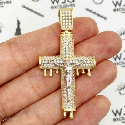 14K Yellow Gold Stone Pave Dripping Crucifix Cross Pendant 2" - Image 1 of 4