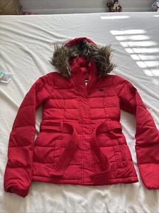 Abercrombie Kids SIZE Small  Down Hooded Jacket Red  Girls Slim Zip & Snaps Belt - Picture 1 of 7