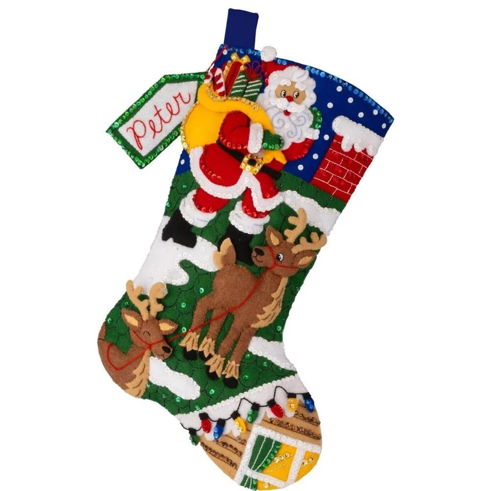 Bucilla Felt Applique Christmas Stocking Kit ROOFTOP SANTA 18 in