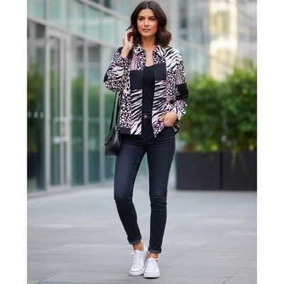 Chaqueta con cremallera Alfred Dunner para mujer retazos estampado animal cebra talla 18 negra Foto 1 de 4