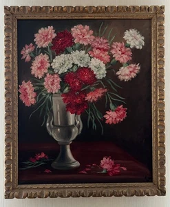 Vintage Floral Bouquet of Carnations in Vase Oil Painting Canvas Flowers FRAMED - Picture 1 of 7