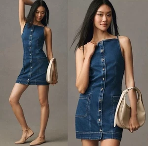 Anthropologie MAEVE High Square-Neck Button-Front Denim Mini Dress Size L NWT - Picture 1 of 12