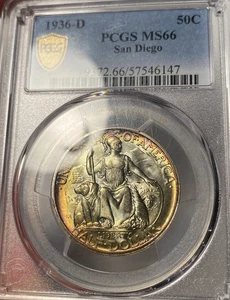 1936-D San Diego Commemorative Half Dollar PCGS MS66 Rainbow Toned - Picture 1 of 6