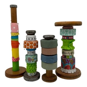 4 Antique Wood Bobbin Textile Spools Rustic Industrial~6.5”-11” Tall~Fun Ribbons - Picture 1 of 9
