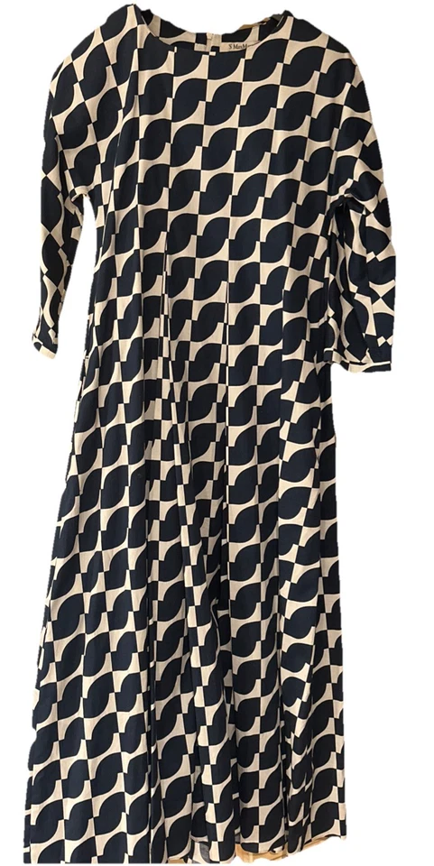 'S Max Mara 长款海军蓝象牙色连衣裙带 3/4 英寸袖拉链打褶二手状况完好! — 第 1/4 张图片