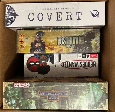 Lot of 4 Board Game Posthuman Saga Covert Order of Gilded Compass Heroes Wanted - Image 1 of 4
