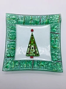Fused Glass Plate Green Christmas Tree Gorham Square,Trinket Candy Dish, 6” - Picture 1 of 4