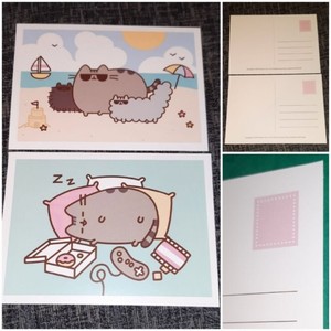 2x PUSHEEN CAT POSTCARDS: Cat Nap after Gaming +Pip & Stormy take Trip to Beach