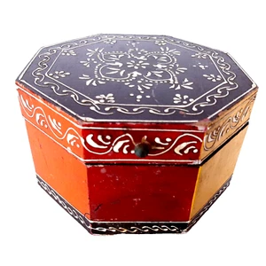 Exotic Wood Bohemian Hand Painted Multi-Colored Octagon Gypsy Box Hinged Lid - Imagen 1 de 9