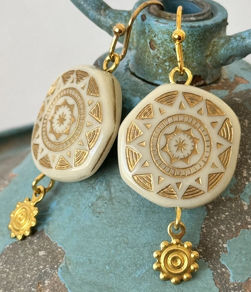 Vintage Ivory and Etched Gold Sunshine and Feather Earrings. Boho - Image 1 of 1