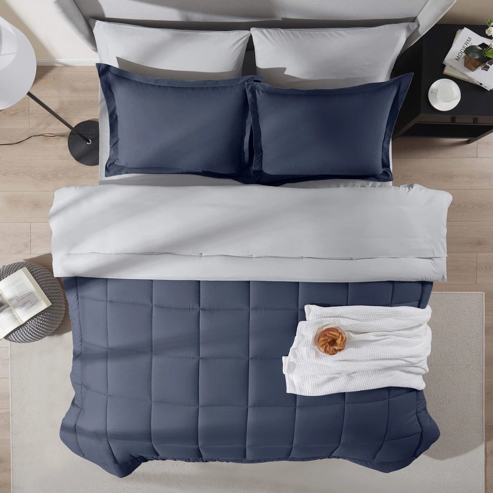 Nestl Queen Comforter Set 7 Piece - Reversible Comforters Queen Size Navy Be...