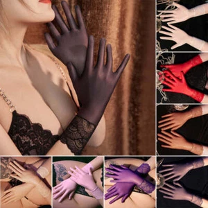 Womens Sexy Smooth Shiny Lace Trim Short Gloves Bride Wedding Party Prom Mittens - Picture 1 of 21