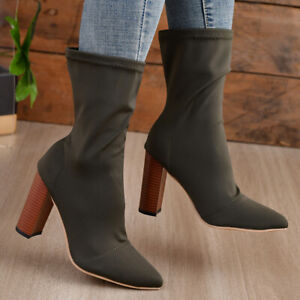 High Heel Elastic Boots Pointed Thick Heel Boots Slip-On Mid-Calf Boots Women's