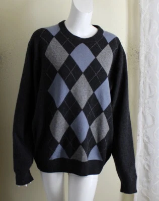 Giasone Sz L Plush Luxurious Argyle Men's Gray 100% Cashmere Crewneck Sweater  - Image 1 of 4