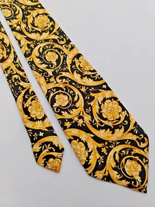 Corbata De Colección Gianni Versace Pura Seda Caprichosa Floral Bufanda Patrón En Corbata Negra - Imagen 1 de 10