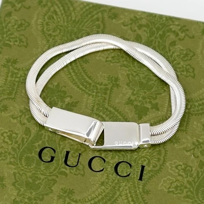 GUCCI Logo Plate Double Chain Bracelet 5.5" Silver 925 Auth w/Box #6145 - Image 1 of 4