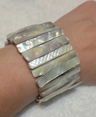 Womens Unique Wide Abalone Shell Stretch Bracelet Jewelry Gifts - Image 1 of 4