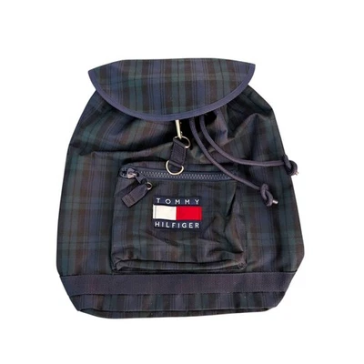 Vintage Tommy Hilfiger Spell Out Drawstring Cinch Backpack Navy Blue Green Plaid - Image 1 of 4
