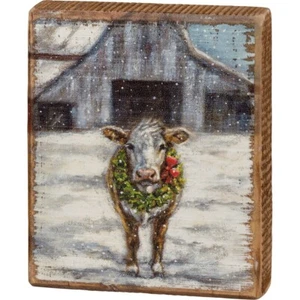 NEW Christmas COW with WREATH Wood Block Shelf Sitter 4"x4.5"x .75" Winter Snow - Picture 1 of 4