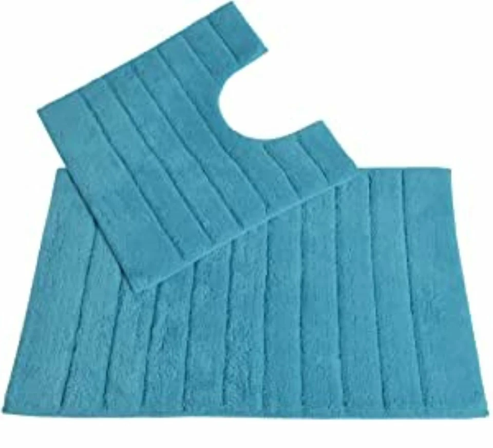 Conjunto de tapete de banho e pedestal luxuoso design costela de algodão penteado em turquesa - Imagem 1 de 1