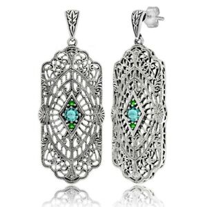 2CT Aquamarine & Emerald 925 Sterling Silver Art Deco Earrings Jewelry FN1