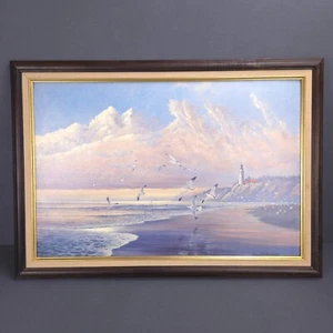 August Holland ASMA Druck Gemälde Fine Art Strand Möwen Leuchtturm Holzrahmen - Bild 1 von 14