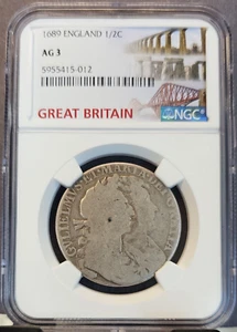 1689 ENGLAND SILVER 1/2 CROWN KING WILLIAM AND QUEEN MARY NGC AG 3 SCARCE COIN - Picture 1 of 3