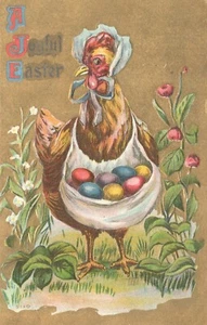 Postcard Easter Anthropomorphic Momma Hen Chicked an Colored Eggs Gold foil - Picture 1 of 2