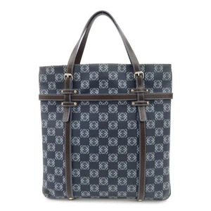 Auth LOEWE Anagram PVC Leather Tote Bag Hand Bag Navy Brown Gold HDW Used F/S - Picture 1 of 22