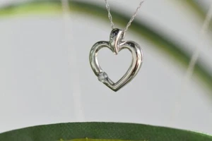 Classic 10K White Gold Diamond Open Heart Charm on 18" Fancy Link Chain Necklace - Picture 1 of 8