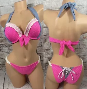 Beach Bunny Bikini 2 Piece Pink White Polka Dot Blue Trim Padded Pushup Halter - Picture 1 of 6
