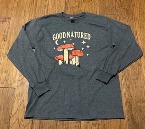 Unisex Good Natured Mushroom Shirt LARGE LS Long Sleeve Grey Hippie Gildan NWOT - Picture 1 of 11