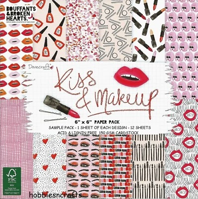 KISS & MAKEUP Dovecraft 6 x 6 Sample Paper Pack 150 gsm 12 Sheets 1 each design - Image 1 of 4