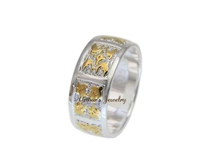 925 SILVER YELLOW GOLD HAWAIIAN QUILT TURTLE DOLPHIN HIBISCUS LEAF 8MM RING 3-14 - Picture 1 of 4
