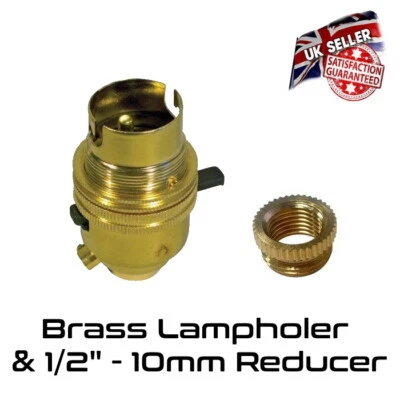 UKELECTRICAL Brass Lamp Holder Switched - Bayonet BC 1/2" Bulb Holder & 10mm Reducer *UK*