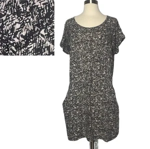 Hi-Line Cotton Mini Dress Large Black Wht Geo Print Beach Pockets Summer Casual - Picture 1 of 18