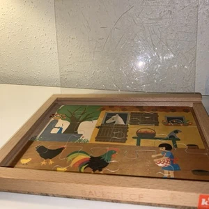 Vtg Kiener German Spielzeug 12 Pc Wood Puzzle + Box w Cover Folk Art Farm Zurich - Picture 1 of 21