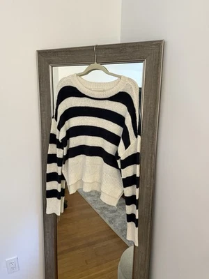 C&C California Sweater M Navy Blue Stripe Nautical Long Sleeve Crop Crew Knit - Image 1 of 4