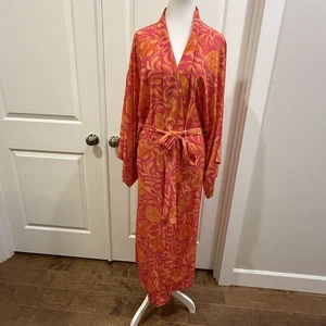Natori Womens L Kimono Robe Jacket Floral Wrap Pink Orange Silky Loungewear - Picture 1 of 10