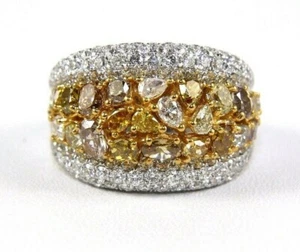 Natural Canary Yellow Diamond Mix Cut Cluster Wide Ring 14k White Gold 5.20Ct - Picture 1 of 8