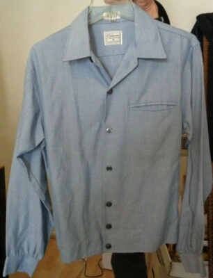 CAMISA JAC azul rayon gabardine NOS CLUBMAN 50s-60s! Cintura elástica manga comprida M - Imagem 1 de 4