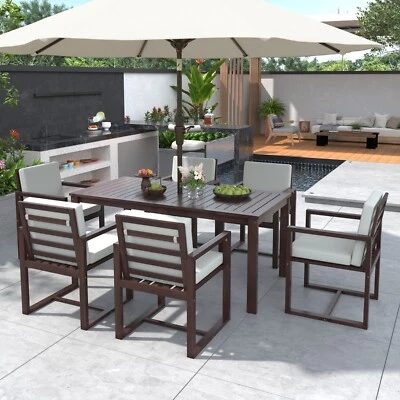 7PCS Outdoor Patio Dining Set Acacia Wood Table & Chairs Set W/ Umbrella Hole - Image 1 of 4