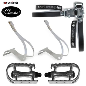 SET ZEFAL CHRISTOPHE BLACK LEATHER TOE CLIPS PEDALS PAIR BIKE VINTAGE CHROMED - Picture 1 of 3