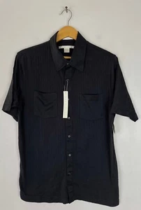 NWT Perry Ellis Mens Size Medium Black Striped Button Front Polo Shirt - Picture 1 of 6