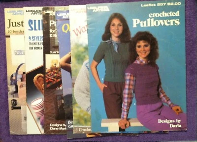6x 🔥LEISURE ARTS🔥 1980's Crochet Patterns Slippers Grannys Vests Pullovers SEW - Image 1 of 4
